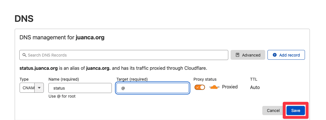 DNS management menu adding the CNAME record.