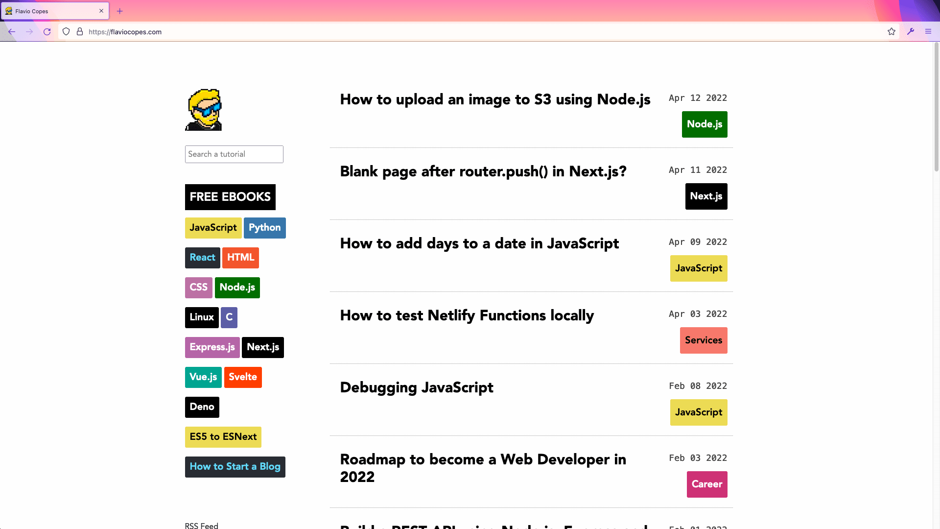 Flavio Copes' blog homepage showcasing their most recent blog posts like: "How to upload an image to S3 using Node.js" and "Blank page after router.push() in Next.js?".