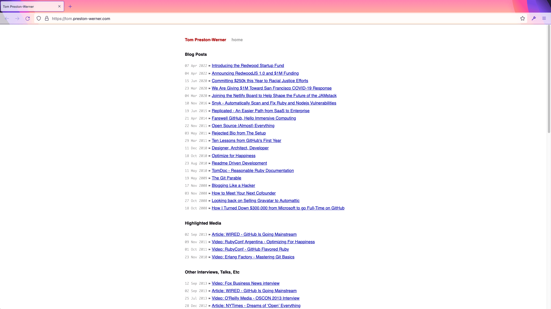 Tom Preston-Werner's blog homepage showcasing their most recent blog posts, highlighted media, other interviews, talks, etc.