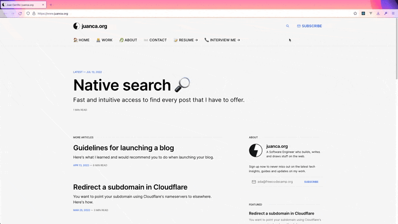 Native search demo. Going to the top right of the navigation and clicking on the magnifying glass shows the search box. Then goes through various posts to end up in the changelog page.